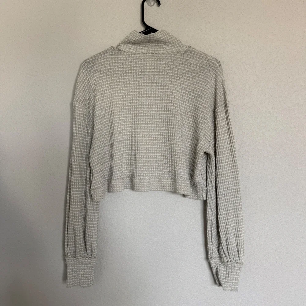Free People Waffle Knit Cropped Mock Neck Thermal Top Beige Small Sweater Boho